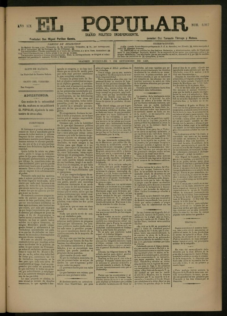 Miniatura de El Popular: diario independiente, político, literario y de noticias de interés general del 7 de septiembre de 1887, nº 8967