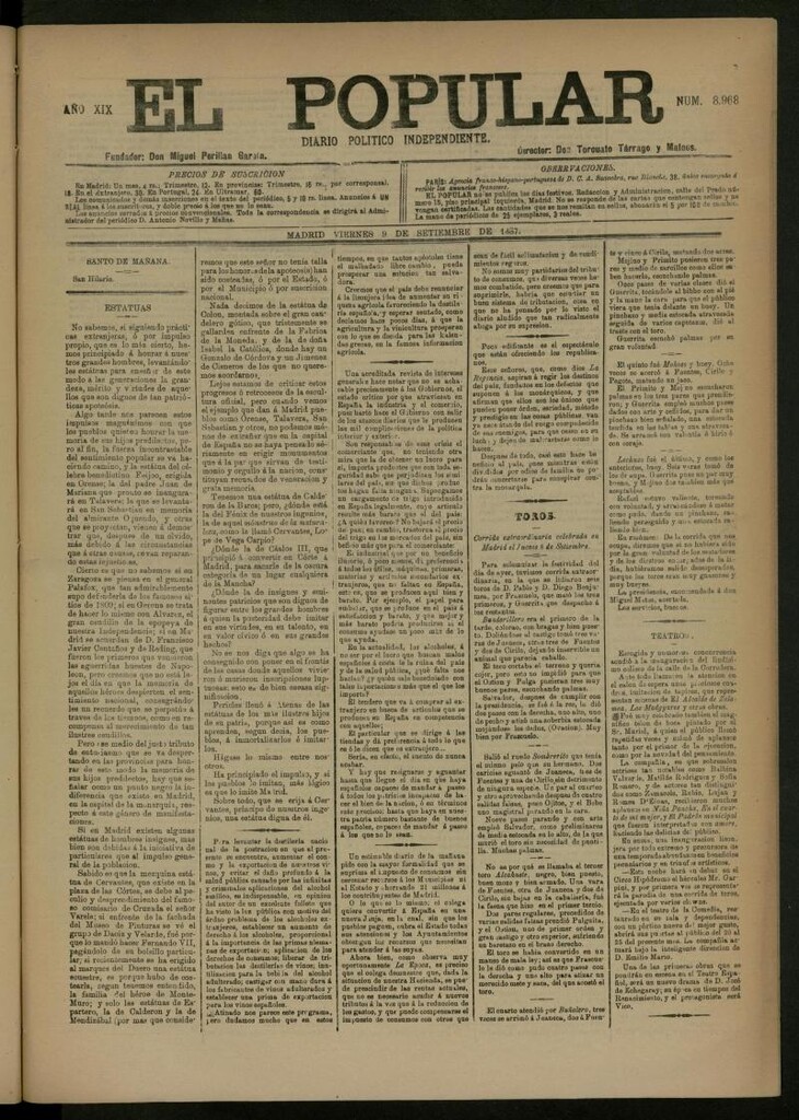Miniatura de El Popular: diario independiente, político, literario y de noticias de interés general del 9 de septiembre de 1887, nº 8968
