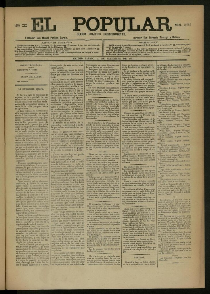 Miniatura de El Popular: diario independiente, político, literario y de noticias de interés general del 10 de septiembre de 1887, nº 8969