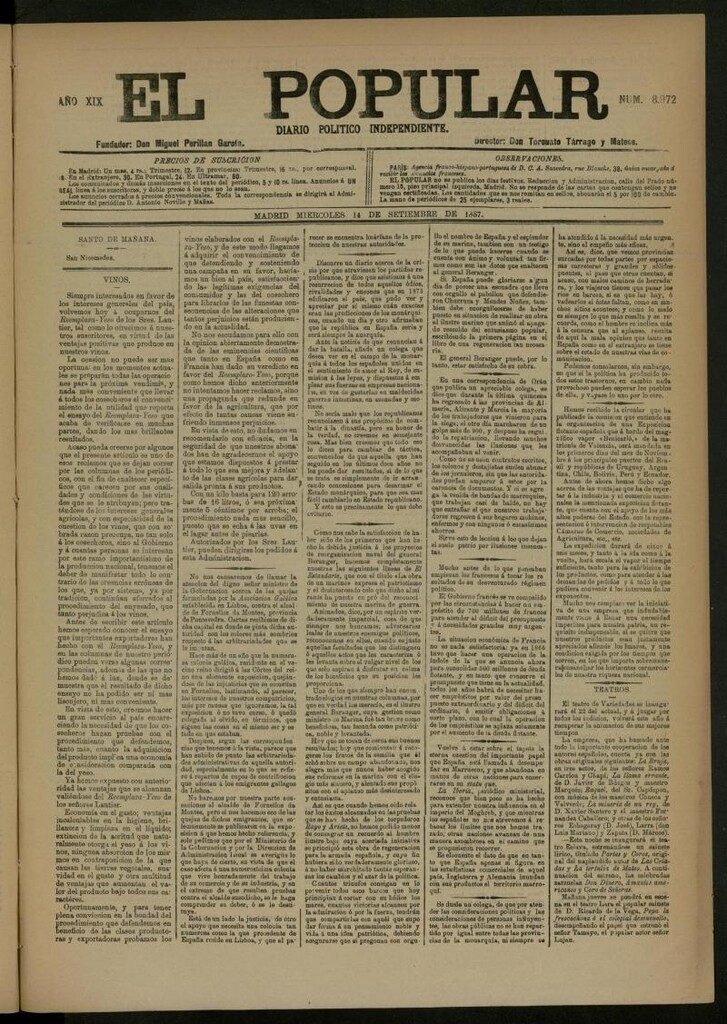Miniatura de El Popular: diario independiente, político, literario y de noticias de interés general del 14 de septiembre de 1887, nº 8972