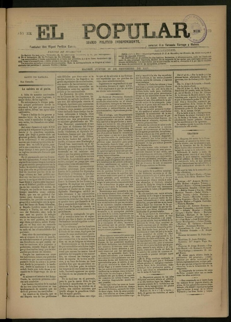 Miniatura de El Popular: diario independiente, político, literario y de noticias de interés general del 15 de septiembre de 1887, nº 8973