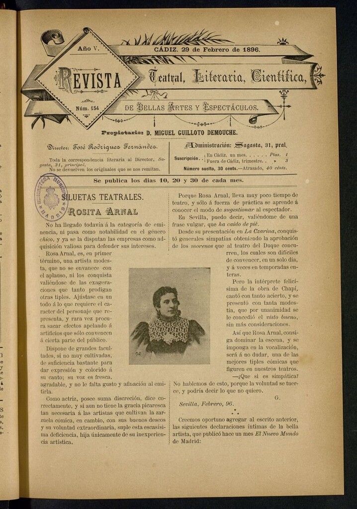 Miniatura de Revista Teatral, Literaria, Científica, de Bellas Artes y Espectáculos. Nº 154