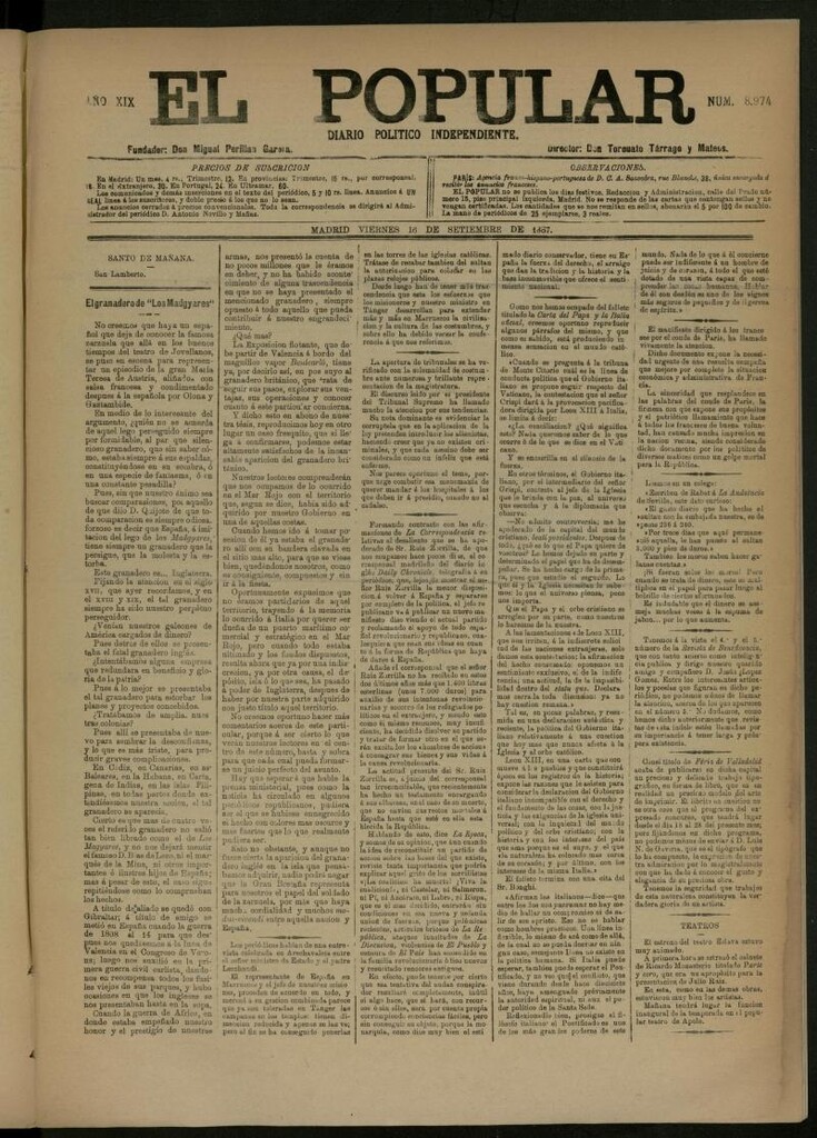 Miniatura de El Popular: diario independiente, político, literario y de noticias de interés general del 16 de septiembre de 1887, nº 8974