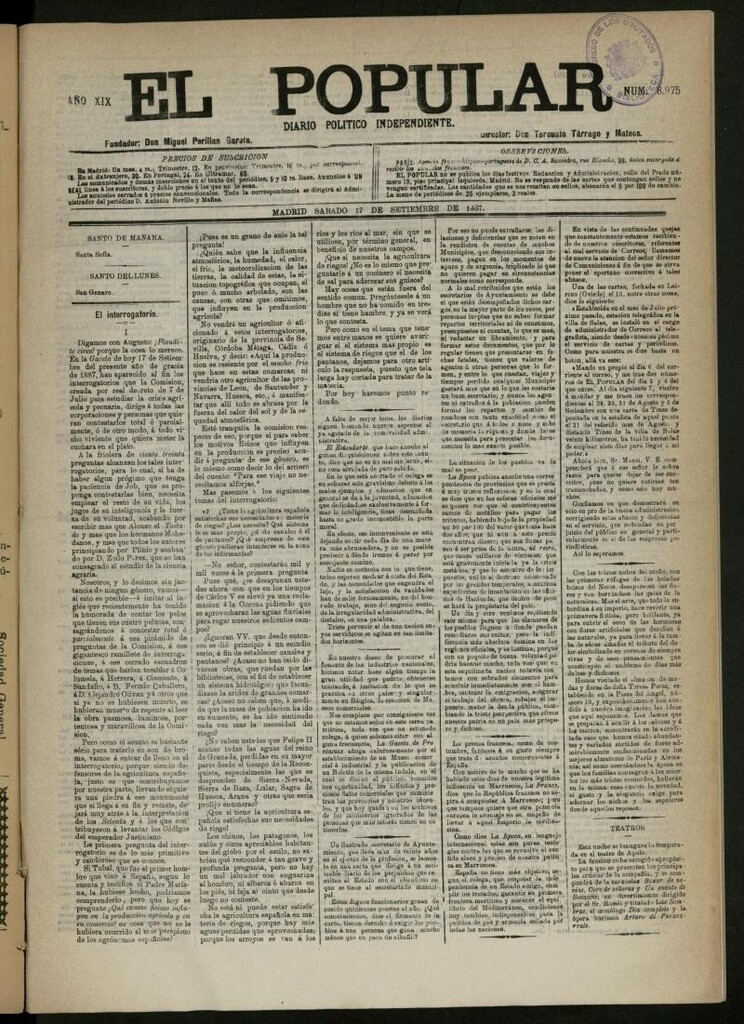 Miniatura de El Popular: diario independiente, político, literario y de noticias de interés general del 17 de septiembre de 1887, nº 8975