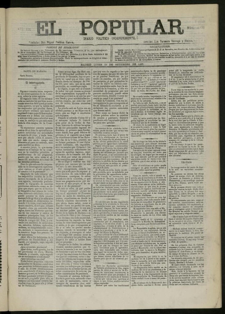 Miniatura de El Popular: diario independiente, político, literario y de noticias de interés general del 19 de septiembre de 1887, nº 8976