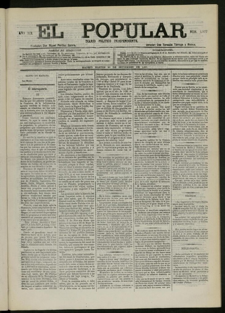 Miniatura de El Popular: diario independiente, político, literario y de noticias de interés general del 20 de septiembre de 1887, nº 8977