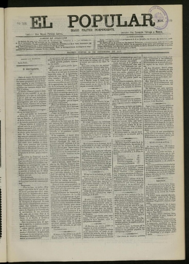 Miniatura de El Popular: diario independiente, político, literario y de noticias de interés general del 22 de septiembre de 1887, nº 8979