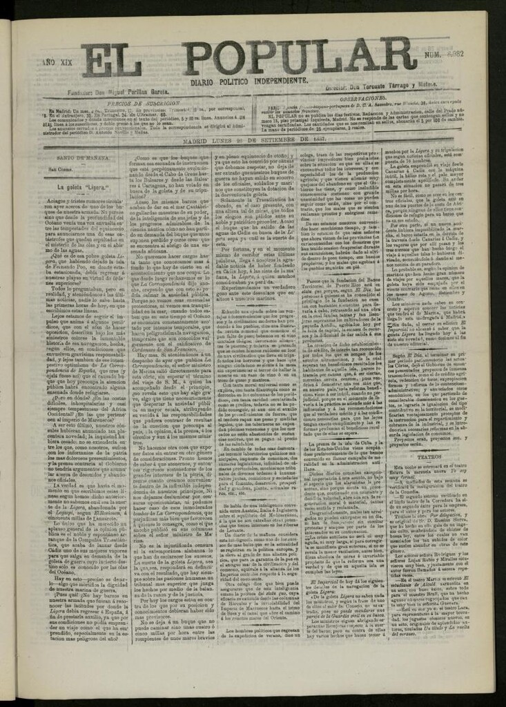 Miniatura de El Popular: diario independiente, político, literario y de noticias de interés general del 26 de septiembre de 1887, nº 8982