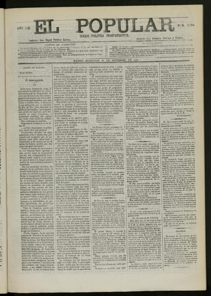 Miniatura de El Popular: diario independiente, político, literario y de noticias de interés general del 28 de septiembre de 1887, nº 8984