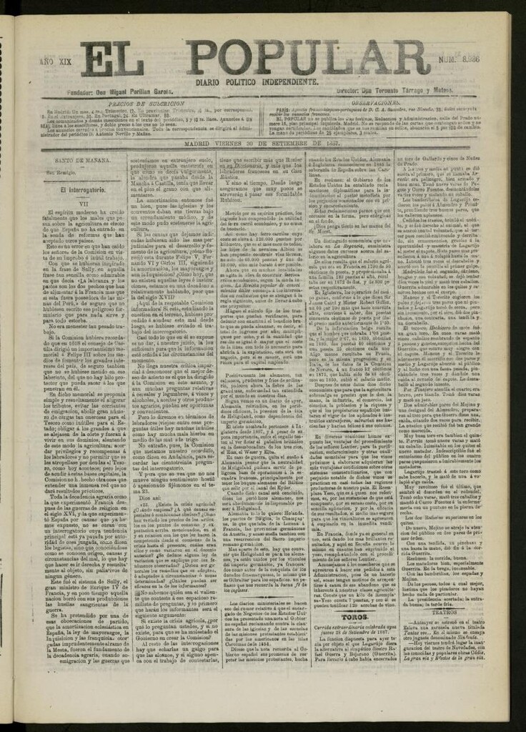 Miniatura de El Popular: diario independiente, político, literario y de noticias de interés general del 30 de septiembre de 1887, nº 8986