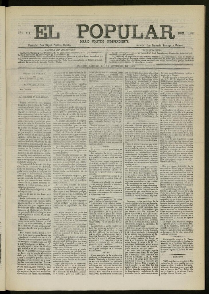 Miniatura de El Popular: diario independiente, político, literario y de noticias de interés general del 1 de octubre de 1887, nº 8987