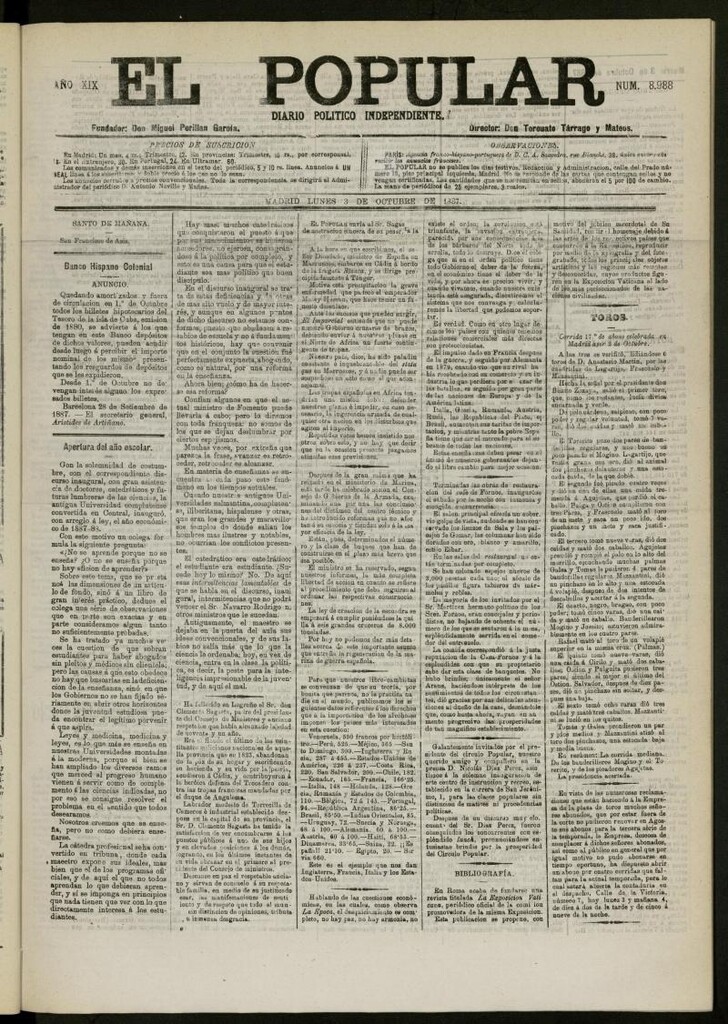 Miniatura de El Popular: diario independiente, político, literario y de noticias de interés general del 3 de octubre de 1887, nº 8988