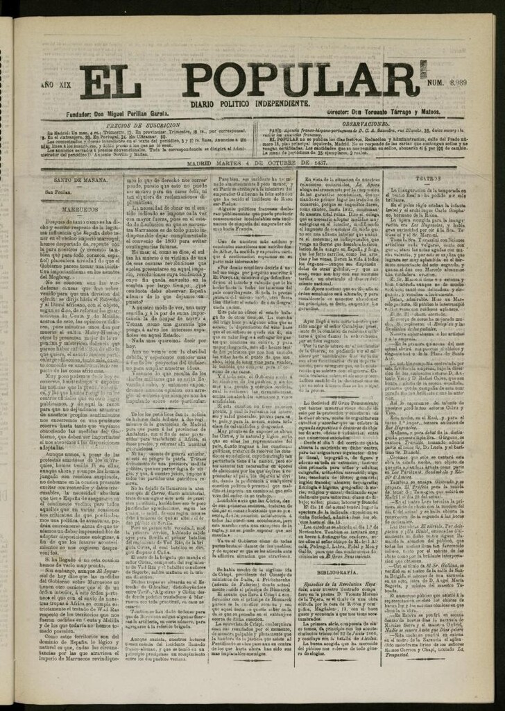 Miniatura de El Popular: diario independiente, político, literario y de noticias de interés general del 4 de octubre de 1887, nº 8989