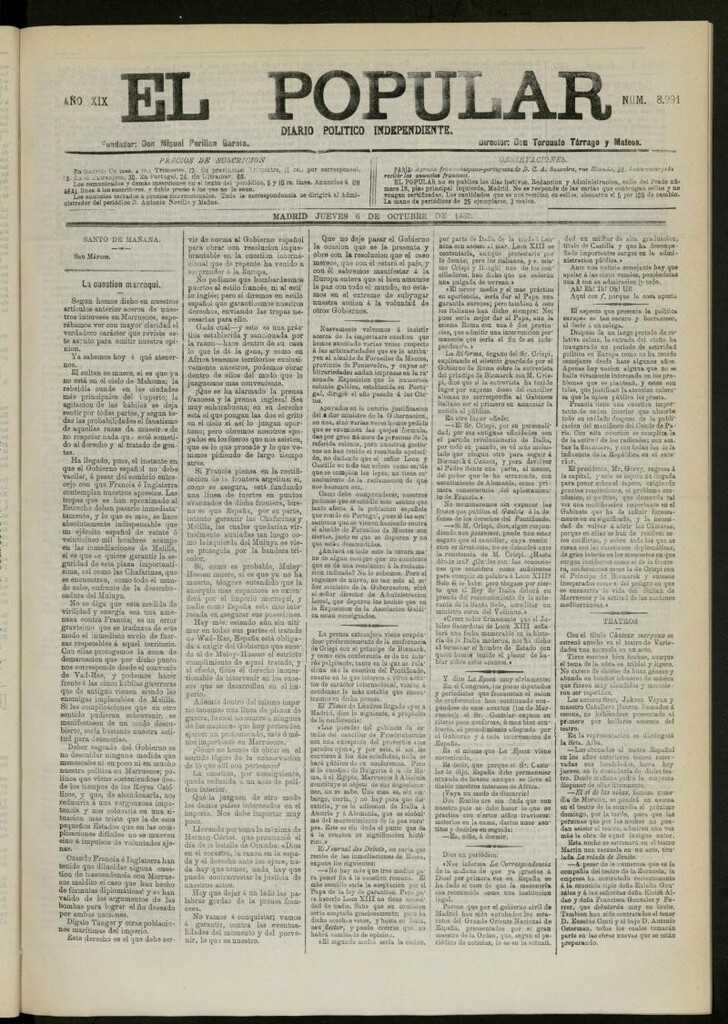 Miniatura de El Popular: diario independiente, político, literario y de noticias de interés general del 6 de octubre de 1887, nº 8991