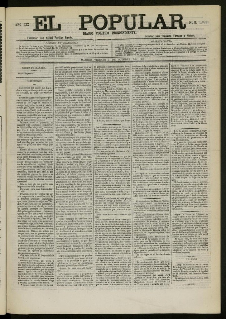 Miniatura de El Popular: diario independiente, político, literario y de noticias de interés general del 7 de octubre de 1887, nº 8992