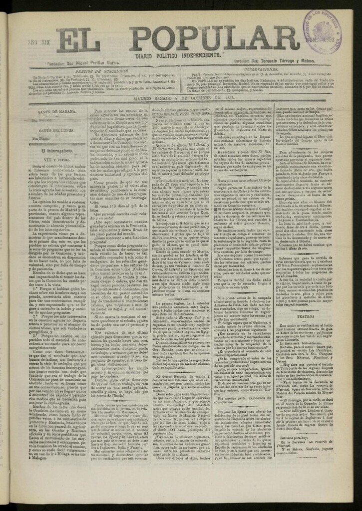Miniatura de El Popular: diario independiente, político, literario y de noticias de interés general del 8 de octubre de 1887, nº 8993
