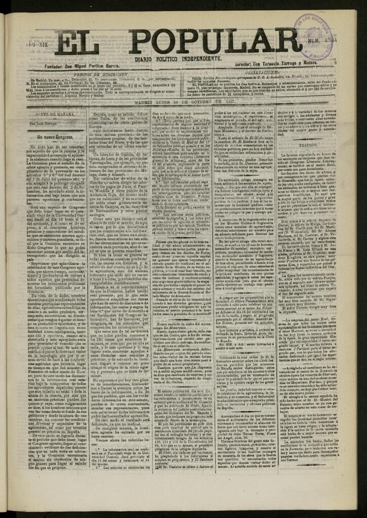 Miniatura de El Popular: diario independiente, político, literario y de noticias de interés general del 10 de octubre de 1887, nº 8994