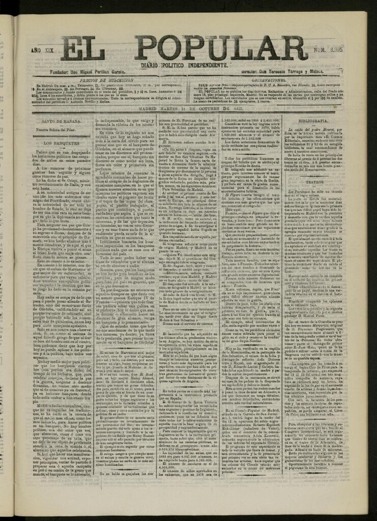 Miniatura de El Popular: diario independiente, político, literario y de noticias de interés general del 11 de octubre de 1887, nº 8995