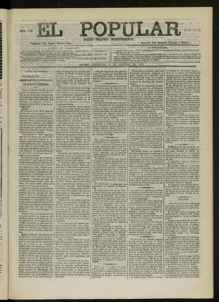 Miniatura de El Popular: diario independiente, político, literario y de noticias de interés general del 12 de octubre de 1887, nº 8996