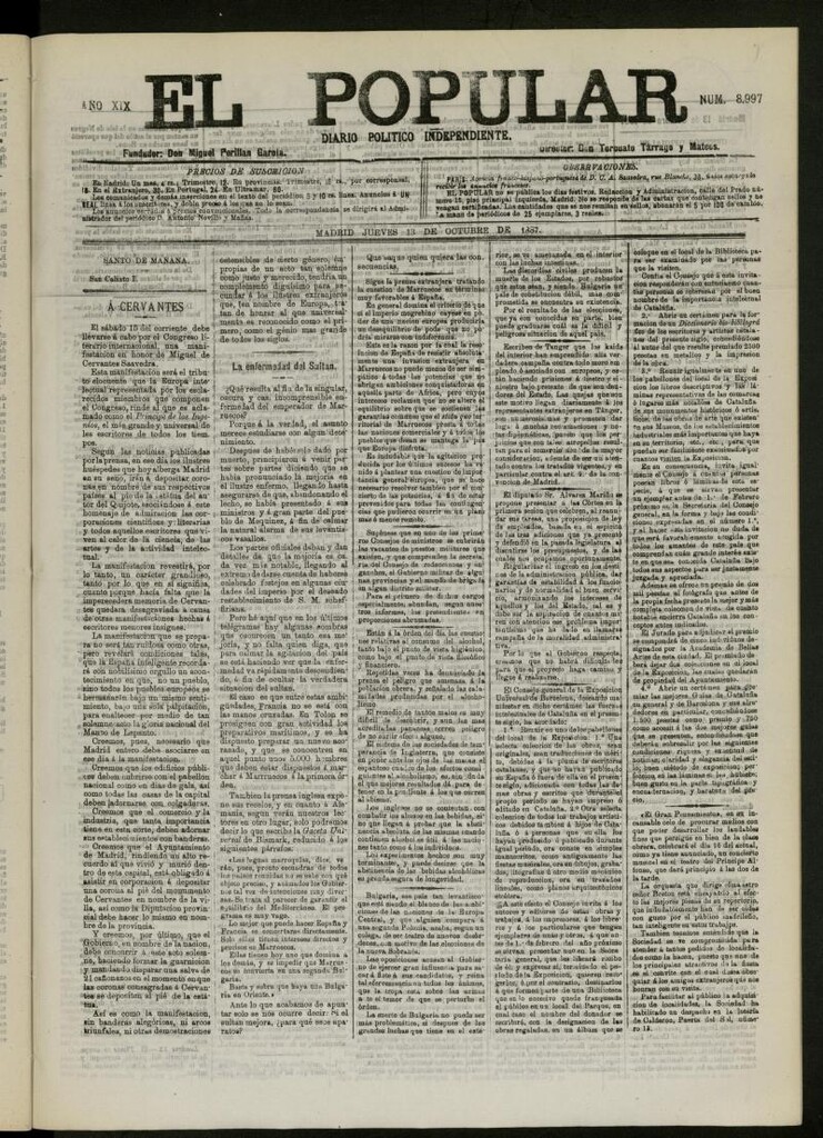 Miniatura de El Popular: diario independiente, político, literario y de noticias de interés general del 13 de octubre de 1887, nº 8997