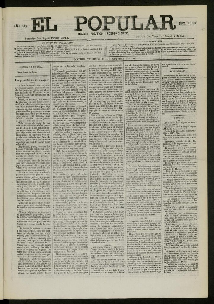 Miniatura de El Popular: diario independiente, político, literario y de noticias de interés general del 14 de octubre de 1887, nº 8998