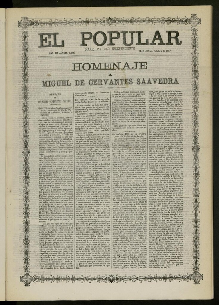 Miniatura de El Popular: diario independiente, político, literario y de noticias de interés general del 15 de octubre de 1887, nº 8999