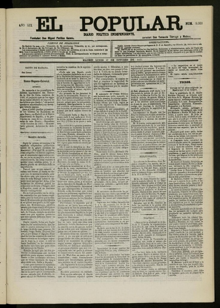 Miniatura de El Popular: diario independiente, político, literario y de noticias de interés general del 17 de octubre de 1887, nº 9000