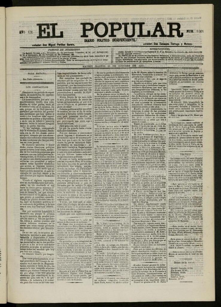 Miniatura de El Popular: diario independiente, político, literario y de noticias de interés general del 18 de octubre de 1887, nº 9001