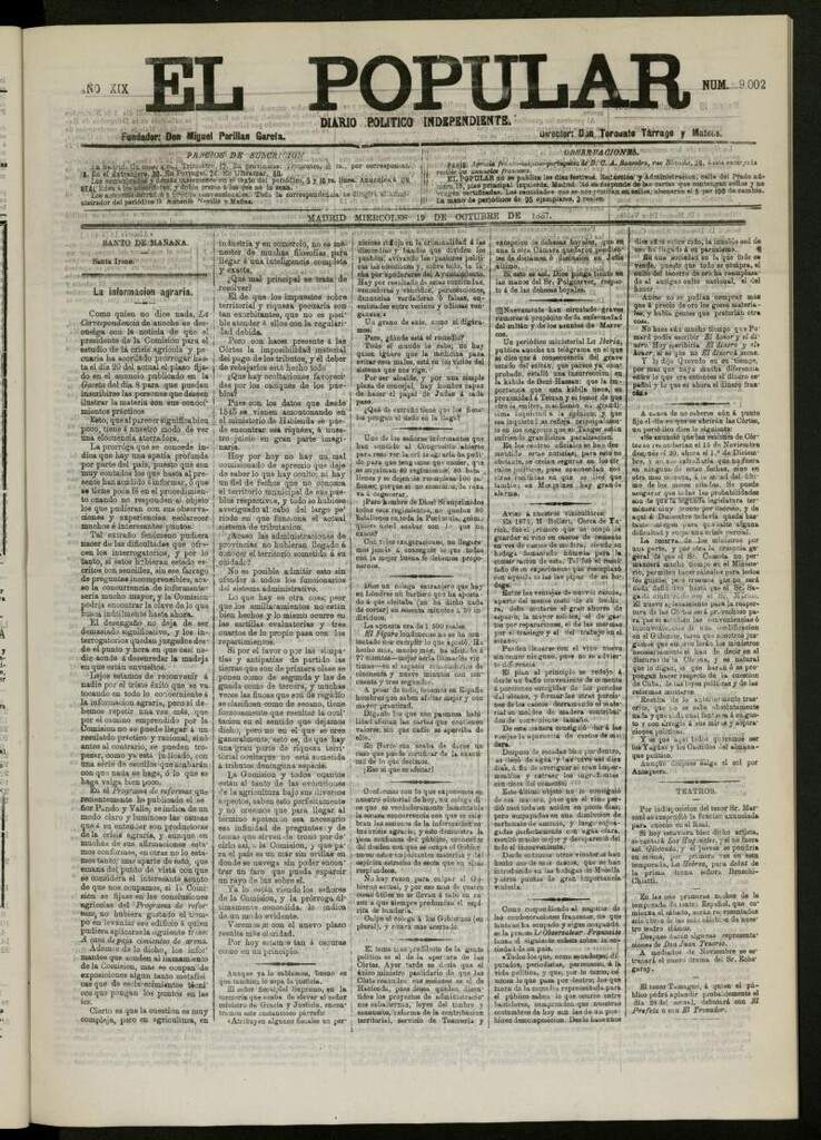 Miniatura de El Popular: diario independiente, político, literario y de noticias de interés general del 19 de octubre de 1887, nº 9002