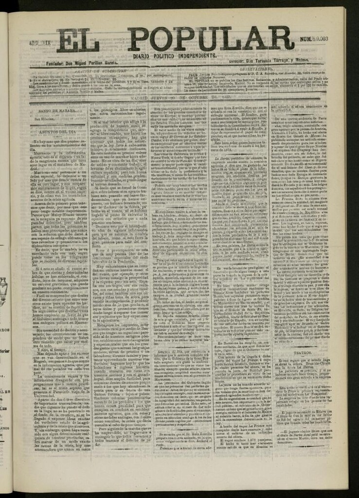 Miniatura de El Popular: diario independiente, político, literario y de noticias de interés general del 20 de octubre de 1887, nº 9003