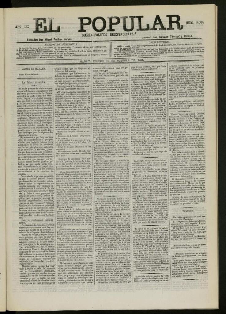 Miniatura de El Popular: diario independiente, político, literario y de noticias de interés general del 21 de octubre de 1887, nº 9004