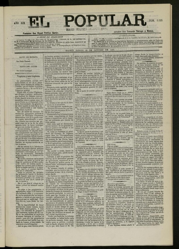 Miniatura de El Popular: diario independiente, político, literario y de noticias de interés general del 22 de octubre de 1887, nº 9005