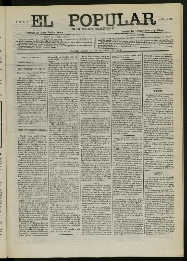 Miniatura de El Popular: diario independiente, político, literario y de noticias de interés general del 24 de octubre de 1887, nº 9006