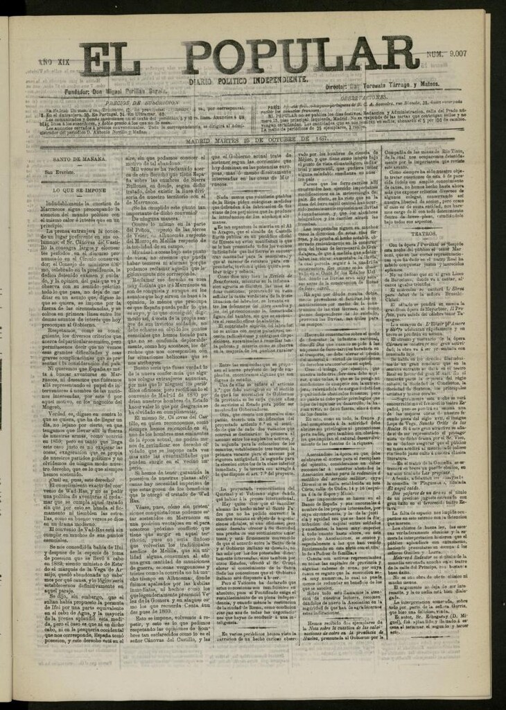 Miniatura de El Popular: diario independiente, político, literario y de noticias de interés general del 25 de octubre de 1887, nº 9007