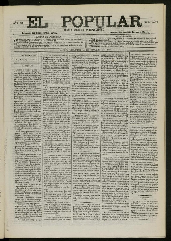 Miniatura de El Popular: diario independiente, político, literario y de noticias de interés general del 26 de octubre de 1887, nº 9008