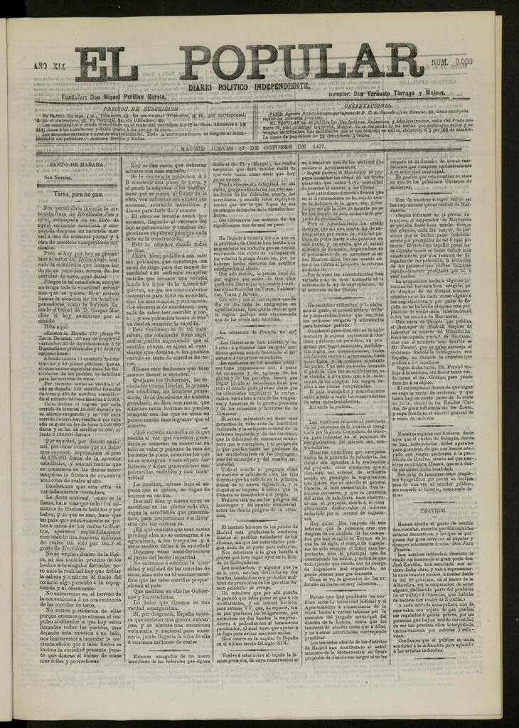 Miniatura de El Popular: diario independiente, político, literario y de noticias de interés general del 27 de octubre de 1887, nº 9009