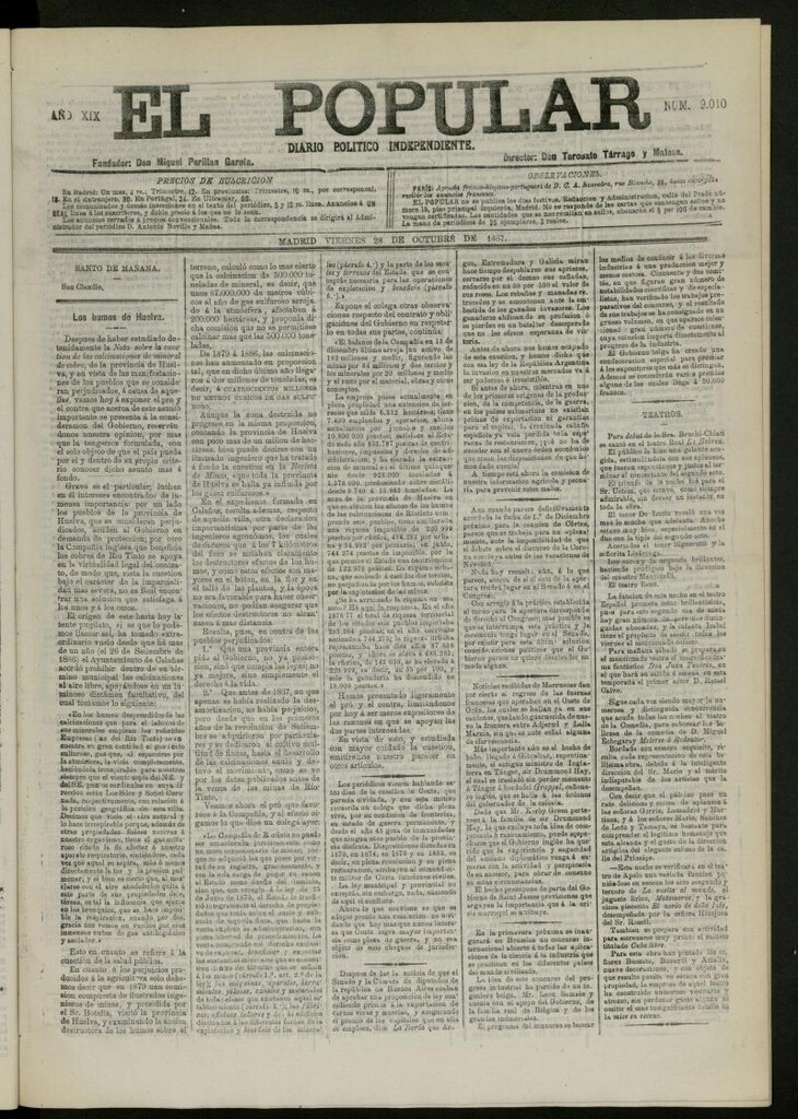 Miniatura de El Popular: diario independiente, político, literario y de noticias de interés general del 28 de octubre de 1887, nº 9010