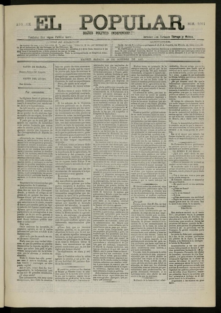 Miniatura de El Popular: diario independiente, político, literario y de noticias de interés general del 29 de octubre de 1887, nº 9011