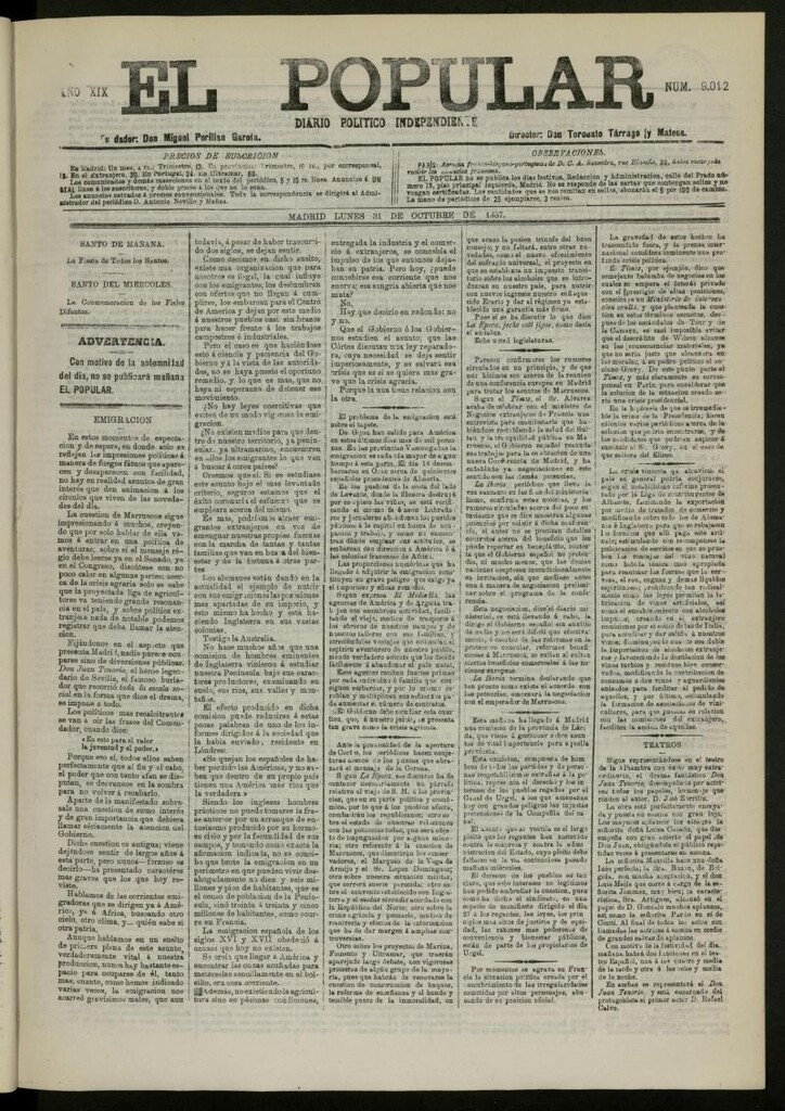 Miniatura de El Popular: diario independiente, político, literario y de noticias de interés general del 31 de octubre de 1887, nº 9012