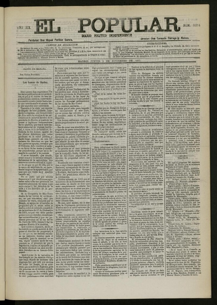 Miniatura de El Popular: diario independiente, político, literario y de noticias de interés general del 3 de noviembre de 1887, nº 9014