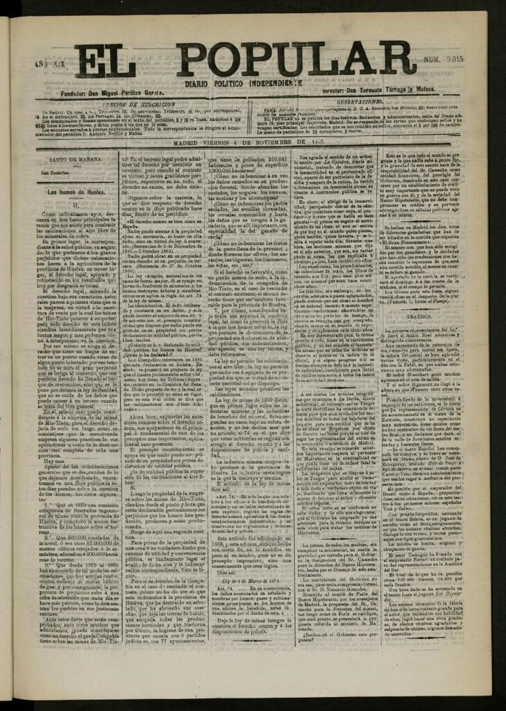 Miniatura de El Popular: diario independiente, político, literario y de noticias de interés general del 4 de noviembre de 1887, nº 9015