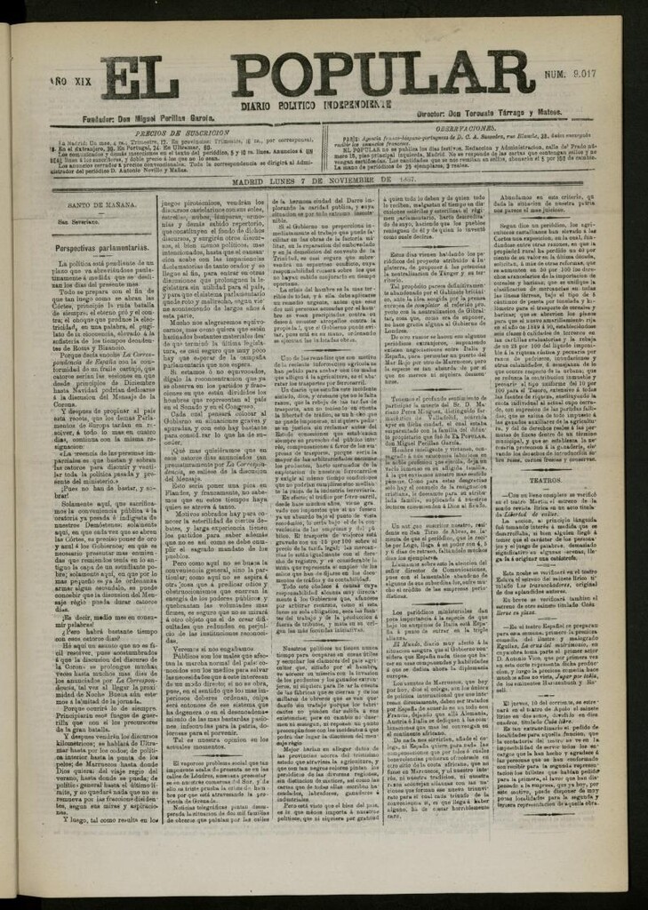 Miniatura de El Popular: diario independiente, político, literario y de noticias de interés general del 7 de noviembre de 1887, nº 9017