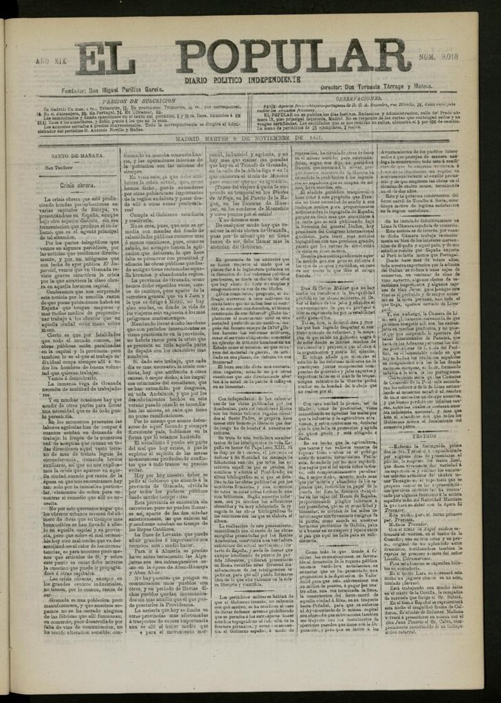 Miniatura de El Popular: diario independiente, político, literario y de noticias de interés general del 8 de noviembre de 1887, nº 9018