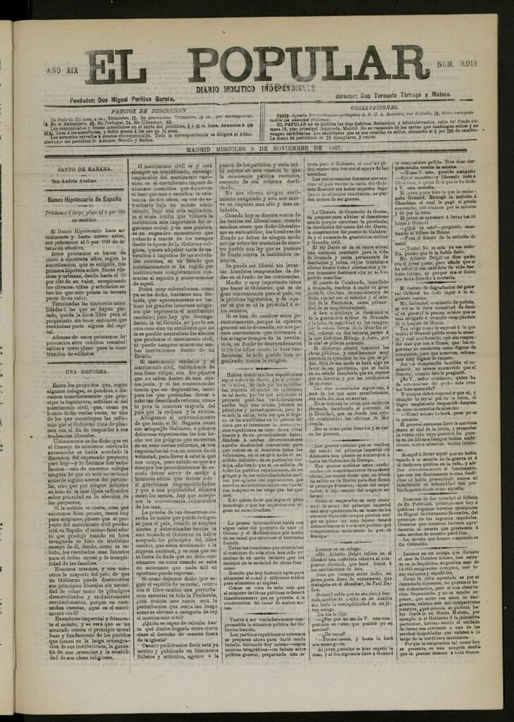 Miniatura de El Popular: diario independiente, político, literario y de noticias de interés general del 9 de noviembre de 1887, nº 9019