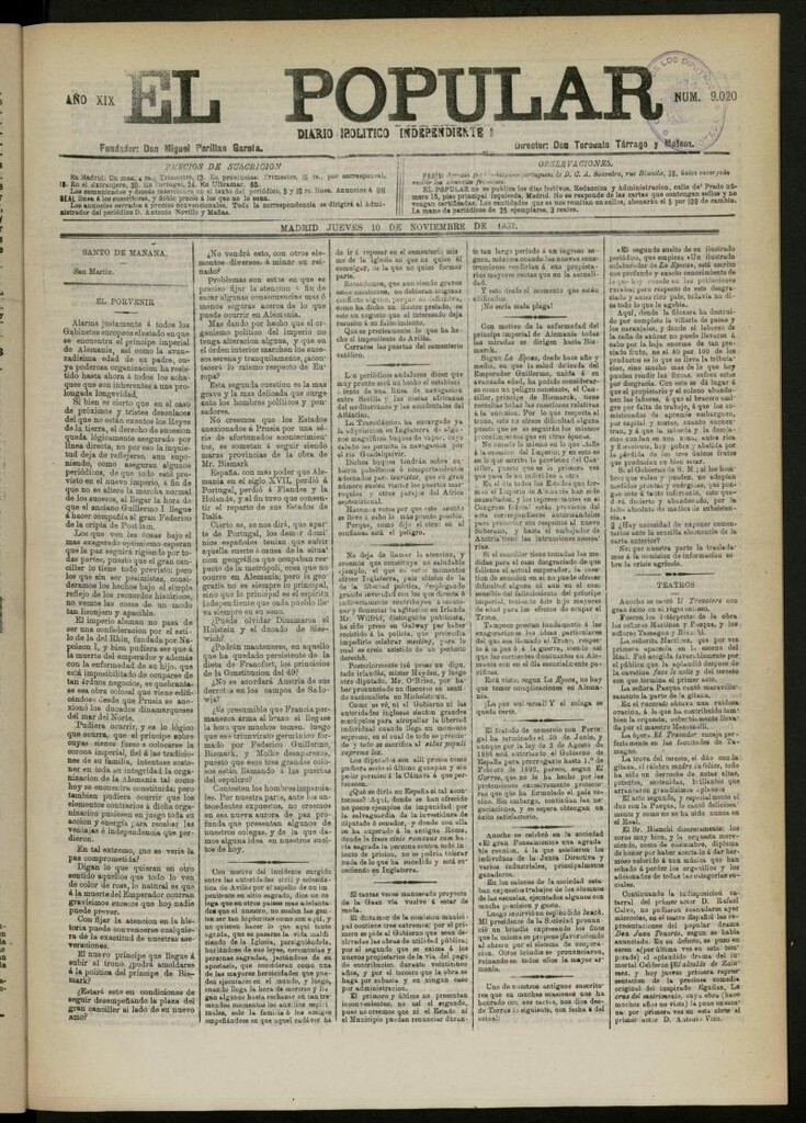 Miniatura de El Popular: diario independiente, político, literario y de noticias de interés general del 10 de noviembre de 1887, nº 9020