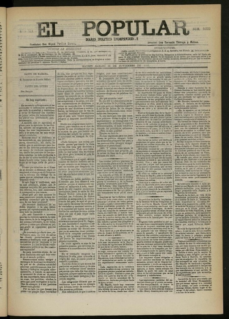 Miniatura de El Popular: diario independiente, político, literario y de noticias de interés general del 12 de noviembre de 1887, nº 9022