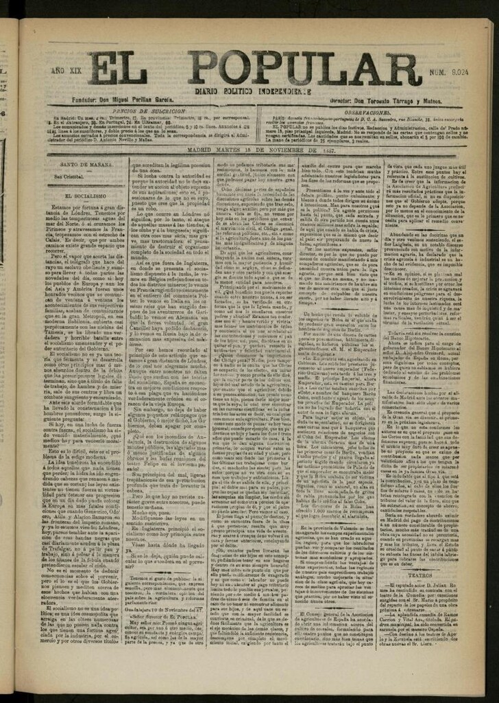 Miniatura de El Popular: diario independiente, político, literario y de noticias de interés general del 15 de noviembre de 1887, nº 9024