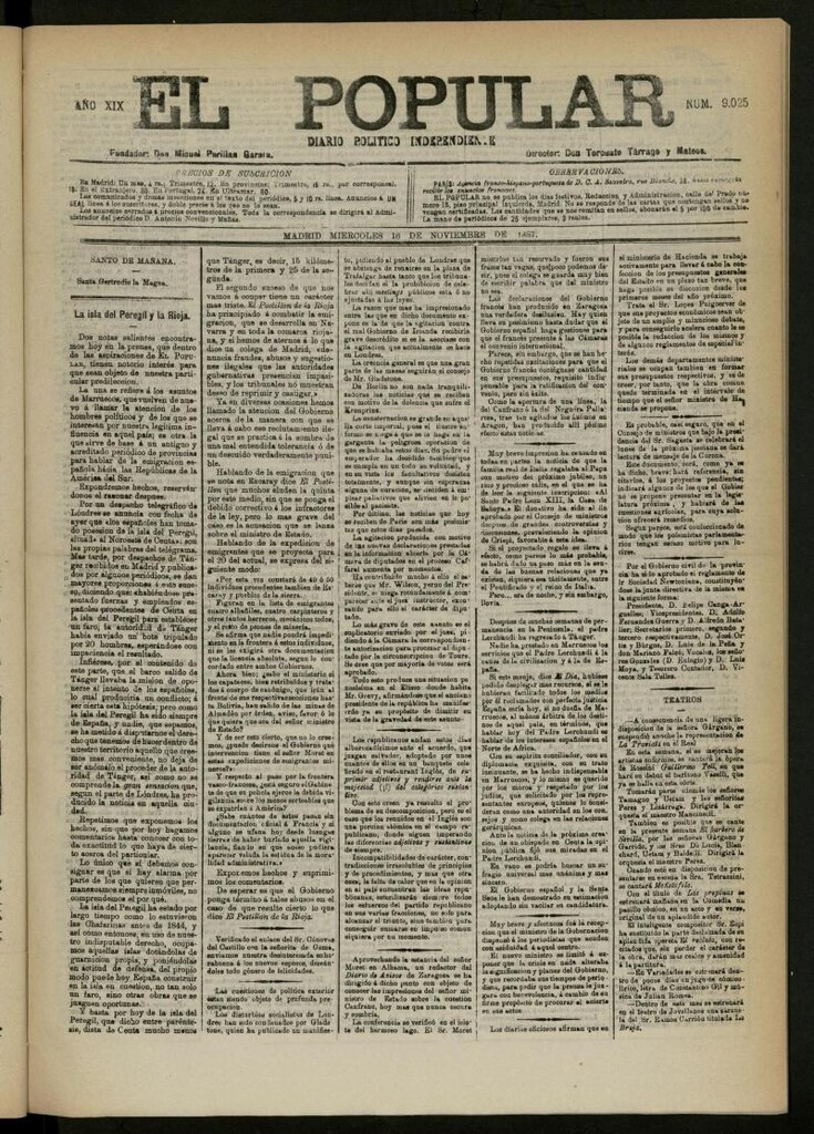Miniatura de El Popular: diario independiente, político, literario y de noticias de interés general del 16 de noviembre de 1887, nº 9025