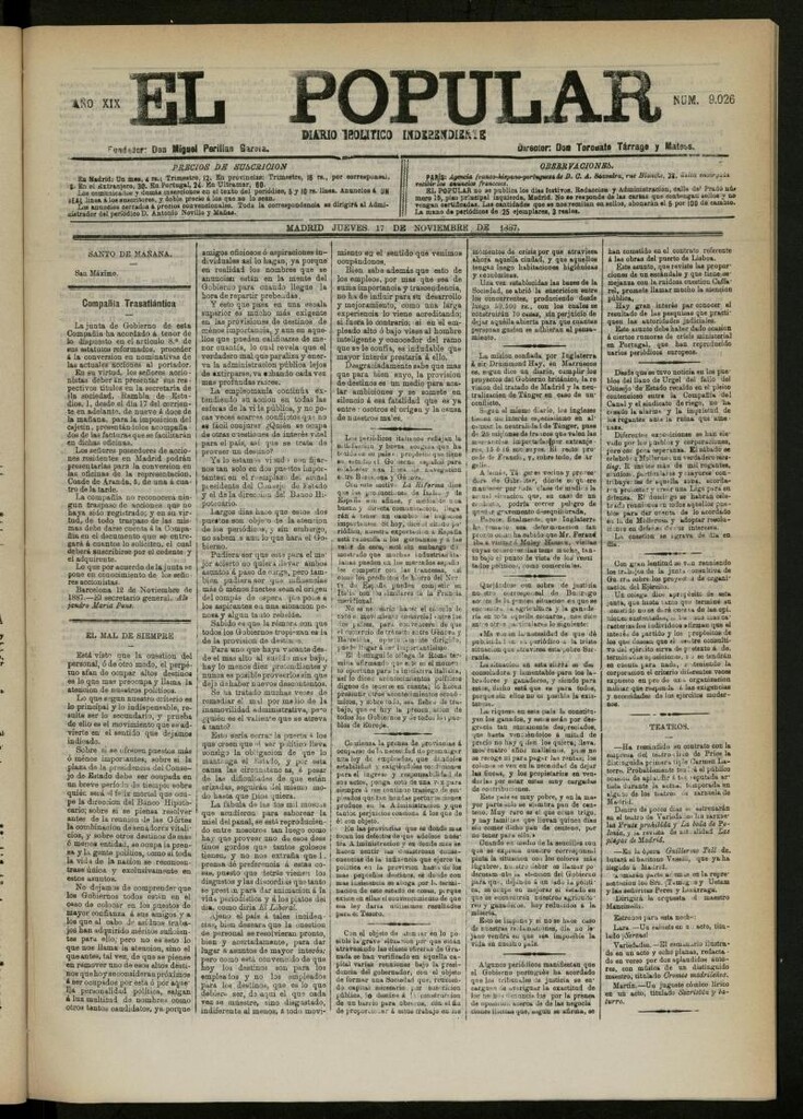 Miniatura de El Popular: diario independiente, político, literario y de noticias de interés general del 17 de noviembre de 1887, nº 9026