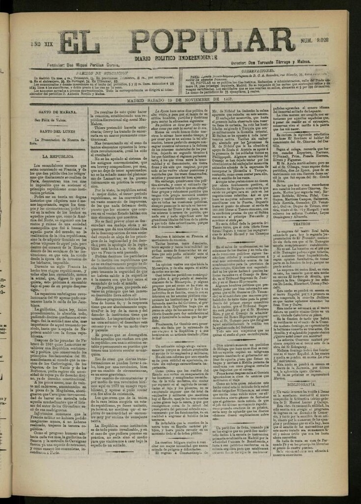Miniatura de El Popular: diario independiente, político, literario y de noticias de interés general del 19 de noviembre de 1887, nº 9028